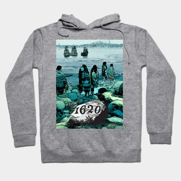 Indigenous Peoples Day, a Day of Mourning: Here They Come, Plymouth Rock 1620 Hoodie by Puff Sumo